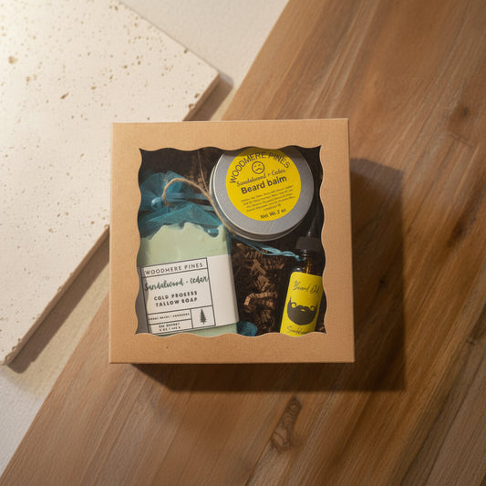 Woodward Pine beard care products including balm, soap, and oil in a cardboard packaging.